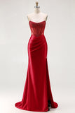 Red Mermaid Beaded Long Corset Satin Prom Dress with Slit