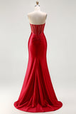 Red Mermaid Beaded Long Corset Satin Prom Dress with Slit