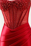 Red Mermaid Beaded Long Corset Satin Prom Dress with Slit