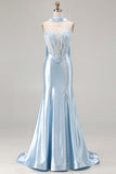 Blue Satin Mermaid Sweetheart Long Corset Prom Dress with Neck Scarf