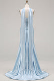 Blue Satin Mermaid Sweetheart Long Corset Prom Dress with Neck Scarf