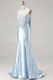 Blue Satin Mermaid Sweetheart Long Corset Prom Dress with Neck Scarf
