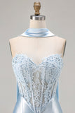 Blue Satin Mermaid Sweetheart Long Corset Prom Dress with Neck Scarf