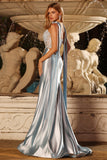 Blue Satin Mermaid Sweetheart Neck Scarf Maxi Corset Prom Dress