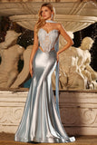 Blue Satin Mermaid Sweetheart Neck Scarf Maxi Corset Prom Dress