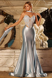 Blue Satin Mermaid Sweetheart Neck Scarf Maxi Corset Prom Dress