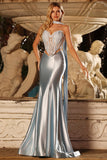 Blue Satin Mermaid Sweetheart Neck Scarf Maxi Corset Prom Dress