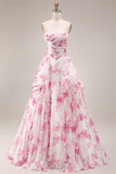 Floral White and Fuchsia A Line Sweetheart Long Corset Prom Dress