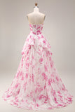 Floral White and Fuchsia A Line Sweetheart Long Corset Prom Dress