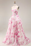 Floral White and Fuchsia A Line Sweetheart Long Corset Prom Dress