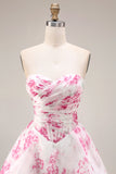 Floral White and Fuchsia A Line Sweetheart Long Corset Prom Dress