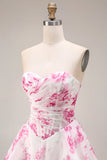 Floral White and Fuchsia A Line Sweetheart Long Corset Prom Dress