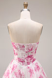 Floral White and Fuchsia A Line Sweetheart Long Corset Prom Dress