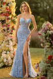 Blue Floral Corset Sweetheart Long Prom Dress with Slit