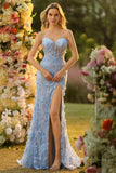 Blue Floral Corset Sweetheart Long Prom Dress with Slit