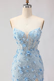 Sparkly Blue Floral Beaded Mermaid Maxi Corset Prom Dress with Slit