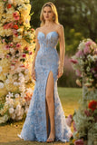 Blue Floral Corset Sweetheart Long Prom Dress with Slit