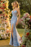 Blue Floral Corset Sweetheart Long Prom Dress with Slit