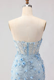 Sparkly Blue Floral Beaded Mermaid Maxi Corset Prom Dress with Slit