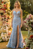 Blue Floral Corset Sweetheart Long Prom Dress with Slit