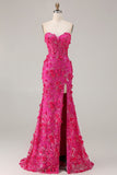 Sparkly Fuchsia Beaded Mermaid Floral Long Corset Prom Dress with Slit