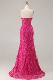 Sparkly Fuchsia Beaded Mermaid Floral Long Corset Prom Dress with Slit