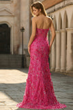 Sparkly Fuchsia Mermaid Beaded Long Floral Corset Prom Dress with Slit