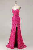 Sparkly Fuchsia Beaded Mermaid Floral Long Corset Prom Dress with Slit