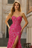 Sparkly Fuchsia Mermaid Beaded Long Floral Corset Prom Dress with Slit