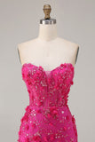 Sparkly Fuchsia Beaded Mermaid Floral Long Corset Prom Dress with Slit