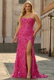 Sparkly Fuchsia Beaded Mermaid Floral Long Corset Prom Dress with Slit