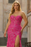 Sparkly Fuchsia Mermaid Beaded Long Floral Corset Prom Dress with Slit