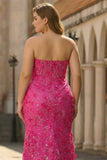 Sparkly Fuchsia Beaded Mermaid Floral Long Corset Prom Dress with Slit