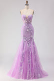 Floral Purple Mermaid Lace Tulle Backless Long Corset Prom Dress
