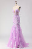 Floral Purple Mermaid Lace Tulle Backless Long Corset Prom Dress