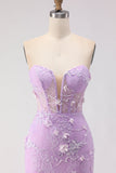 Floral Purple Mermaid Lace Tulle Backless Long Corset Prom Dress