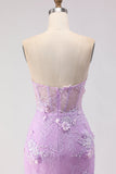 Floral Purple Mermaid Lace Tulle Backless Long Corset Prom Dress