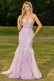 Floral Purple Mermaid Tulle Backless Maxi Corset Prom Dress