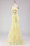 Floral Yellow Mermaid Floral Tulle Strapless Long Corset Prom Dress with Lace