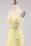 Floral Yellow Mermaid Floral Tulle Strapless Long Corset Prom Dress with Lace