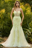 Floral Yellow Tulle Backless Mermaid Maxi Corset Prom Dress