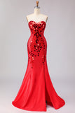 Red Sparkly Mermaid Mirror Sweetheart Long Prom Dress with Slit