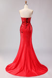 Red Sparkly Mermaid Mirror Sweetheart Long Prom Dress with Slit