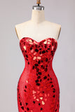 Red Sparkly Mermaid Mirror Sweetheart Long Prom Dress with Slit