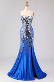 Sparkly Mirror Royal Blue Sweetheart Beaded Mermaid Long Prom Dress with Slit