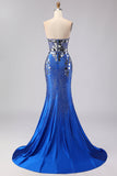 Sparkly Mirror Royal Blue Beaded Mermaid Sweetheart Maxi Prom Dress with Slit