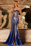 Sparkly Mirror Royal Blue Beaded Mermaid Sweetheart Maxi Prom Dress with Slit