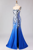Sparkly Mirror Royal Blue Sweetheart Beaded Mermaid Long Prom Dress with Slit