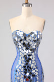 Sparkly Mirror Royal Blue Sweetheart Beaded Mermaid Long Prom Dress with Slit