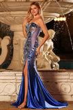 Sparkly Mirror Royal Blue Beaded Mermaid Sweetheart Maxi Prom Dress with Slit